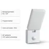 A white LED outdoor light with a motion sensor is shown next to a list of its features. Produktbild-Vorschau