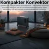 A modern living room with a large window overlooking a city at dusk, featuring a convector heater. Produktbild-Vorschau