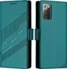 A teal-colored phone case with a geometric design is shown open, displaying the inside and the phone it protects. Produktbild-Vorschau