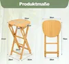 A size chart showing two views of a wooden folding bar stool with dimensions labeled. Produktbild-Vorschau