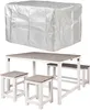 A white outdoor furniture set including a table, two stools, and two benches, covered by a white protective cover. Anteprima dell’immagine prodotto