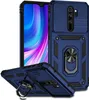 A blue phone case with a sliding camera cover and a ring holder is displayed. Produktbild-Vorschau