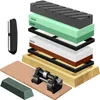 A set of sharpening stones with a wooden base and accessories, displayed in an exploded view. Podgląd zdjęcia produktu