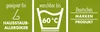 Three green panels with white text and icons indicating product features. Produktbild-Vorschau