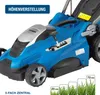 Close-up of a blue electric lawnmower with various grass height indicators. Produktbild-Vorschau