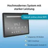 A tablet is shown with marketing text and feature callouts. Produktbild-Vorschau