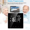 A digital thermostat is displayed in the foreground, with a smiling elderly couple in the background. Produktbild-Vorschau