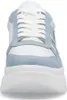 A close-up front view of a white and light blue sneaker with white laces. Produktbild-Vorschau