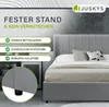 A bed with a headboard and bedding, with marketing text and features highlighted. Produktbild-Vorschau
