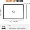 Diagram showing the dimensions and included accessories for an A3 LED light table. Produktbild-Vorschau