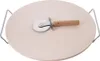 A pizza stone with a pizza cutter and a metal stand on a white background. Podgląd zdjęcia produktu