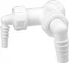 A white plastic plumbing fitting with multiple hose connections and a check valve. Produktbild-Vorschau