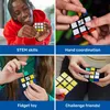 A collage of four images showing different aspects of a Rubik's Cube, including people interacting with it and text describing its benefits. Produktbild-Vorschau