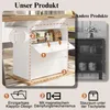 A product image showcasing a white cabinet with a wooden top, highlighting its features with numbered callouts and descriptive text. Another product is shown in grayscale on the right. Produktbild-Vorschau