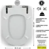A top-down view of a white toilet seat with various features highlighted by text and icons. Anteprima dell’immagine prodotto