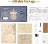 A collage of images showing the ROKR 3D-Holz-Puzzle 'Romantic Carousel' kit, including the packaging, unassembled wooden pieces, and accessories. Anteprima dell’immagine prodotto