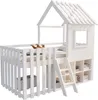 A white wooden house-shaped loft bed with a fence and storage cubbies. Náhľad obrázku produktu