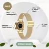 A gold smartwatch with its features highlighted by text overlays, presented on a pedestal. Produktbild-Vorschau