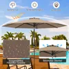 A patio umbrella is shown in use near a swimming pool with palm trees in the background. The image highlights features of the umbrella. Produktbild-Vorschau
