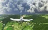 An aerial view of a small airplane flying over a green landscape with a runway in the distance. Anteprima dell’immagine prodotto
