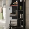 A bathroom cabinet with its door open, displaying shelves with towels, books, and toiletries. Produktbild-Vorschau