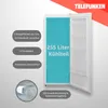 A refrigerator with its door open, showcasing its interior features and capacity, with descriptive text overlays. Produktbild-Vorschau
