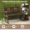 A wooden garden bench is shown outdoors against a green hedge background, with a small table and plant nearby. There are also icons and text overlays at the bottom and top of the image. Náhľad obrázku produktu