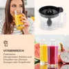 A collage showing a woman drinking juice, a citrus juicer attachment, and two glasses of juice with fruit. Produktbild-Vorschau