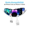 A collection of iPhones displayed in a curved arrangement, with two white charging cables in the foreground. Produktbild-Vorschau