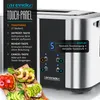 A close-up marketing image of a silver Arendo toaster with a black touch panel, showcasing its features and a selection of avocado and tomato toasts. Produktbild-Vorschau
