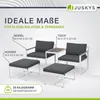 A diagram showing the dimensions of a garden furniture set, including chairs and ottomans, with a table. Produktbild-Vorschau