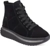 A single black high-top sneaker with laces and a thick sole, shown from a side-front angle against a white background.
