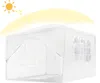 A white tent with windows is shown under a yellow sun and sky graphic. Voir les images du produit