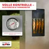 A close-up of a smoker with fish hanging inside, next to a thermometer and marketing text. Produktbild-Vorschau
