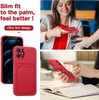 Collage of images showing a red iPhone case with a card slot, a woman using a phone case, and a hand holding a phone case. Produktbild-Vorschau