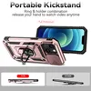 A product image showcasing a phone case with a kickstand and camera cover, presented with feature callouts and comparison graphics. Produktbild-Vorschau