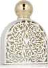A perfume bottle with a decorative white filigree overlay and a gold cap. Podgląd zdjęcia produktu