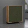 A modern highboard with a wooden frame and dark green textured doors, standing on black metal legs against a gray wall. Podgląd zdjęcia produktu