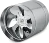 A close-up, studio shot of a metal inline duct fan. Voir les images du produit