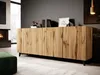 A modern living room with a fireplace, a green ottoman, and a wooden sideboard. Náhled obrázku produktu