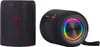 Two black portable speakers are shown against a white background. One speaker is upright and the other is lying on its side, displaying a colorful LED light ring. Náhľad obrázku produktu