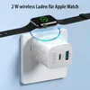 An Apple Watch is wirelessly charging on a white wall adapter plugged into a wall socket. Produktbild-Vorschau