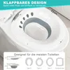 A bidet seat placed on a toilet, with dimensions and compatibility information shown. Produktbild-Vorschau