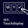 An illustration showing a touch display with icons and a finger interacting with it, along with text describing the feature. Produktbild-Vorschau