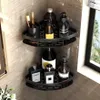 Two black corner shelves in a bathroom, filled with various toiletries and personal care products. Náhľad obrázku produktu