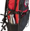 A close-up view of a red and black backpack with a silver water bottle in a side pocket. Produktbild-Vorschau