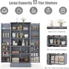 A gray pantry cabinet with its doors open, displaying various shelves filled with kitchen items and food products. Several inset images highlight specific features like the tabletop, inside shelves, and side storage racks. Produktbild-Vorschau