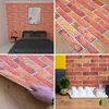 A collage of images showing 3D wall panels with a brick pattern in various settings, including a bedroom, close-ups of the material, and a kitchen/dining area. Produktbild-Vorschau