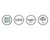 Four circular icons representing product features: temperature rating, origin, weight, and water resistance. Produktbild-Vorschau