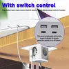 A white power strip cube is plugged into a wall socket under a wooden desk, with cables connected. A close-up inset shows USB and USB-C ports and a blue indicator light. Voir les images du produit